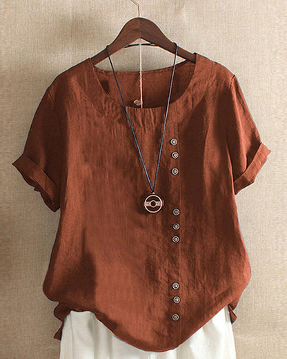 Effortless Linen Blouse for Women with Round Neck Short Sleeve Button Placket Relaxed Style