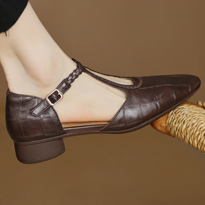 Elegant Croc Print Leather T-Strap Flats for Women with Braided Strap Pointed Toe Block Heel Style