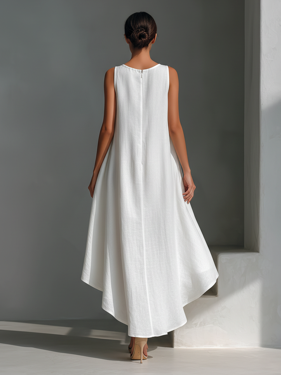 Effortless Linen High Low Dress for Women with Round Neck Sleeveless Flowing Asymmetrical Style