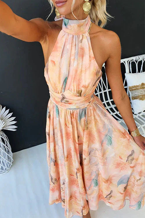 Elegant Multicolor Watercolor Floral Maxi Dress for Women with Halter Neck Sleeveless Ruched Flowing Style