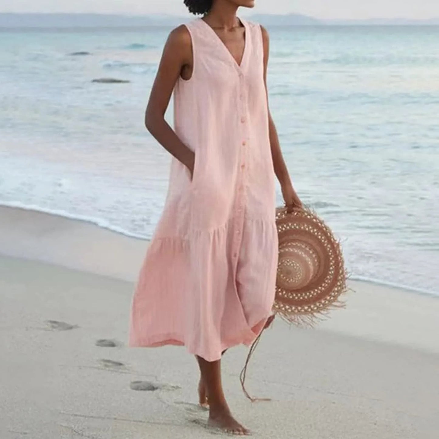 Effortless Linen Maxi Dress for Women with V Neck Sleeveless Button Front Tiered Flowing Bohemian Style