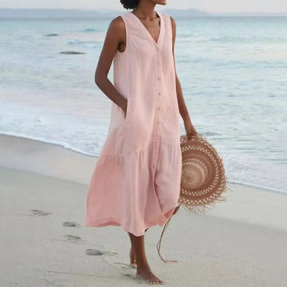 Effortless Linen Maxi Dress for Women with V Neck Sleeveless Button Front Tiered Flowing Bohemian Style