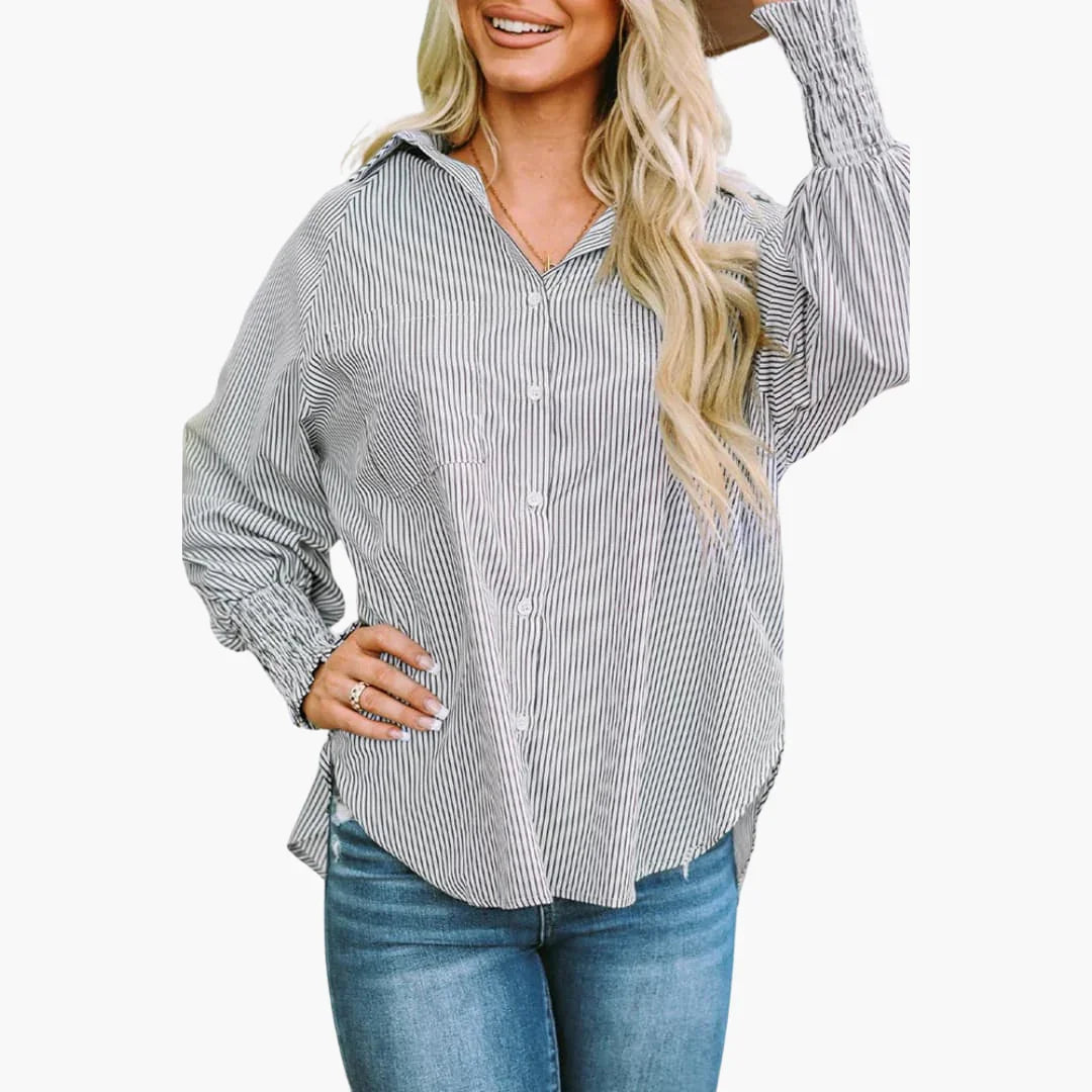 Effortless Striped Oversized Shirt for Women with Collar Long Sleeve Smocked Cuff Relaxed Style