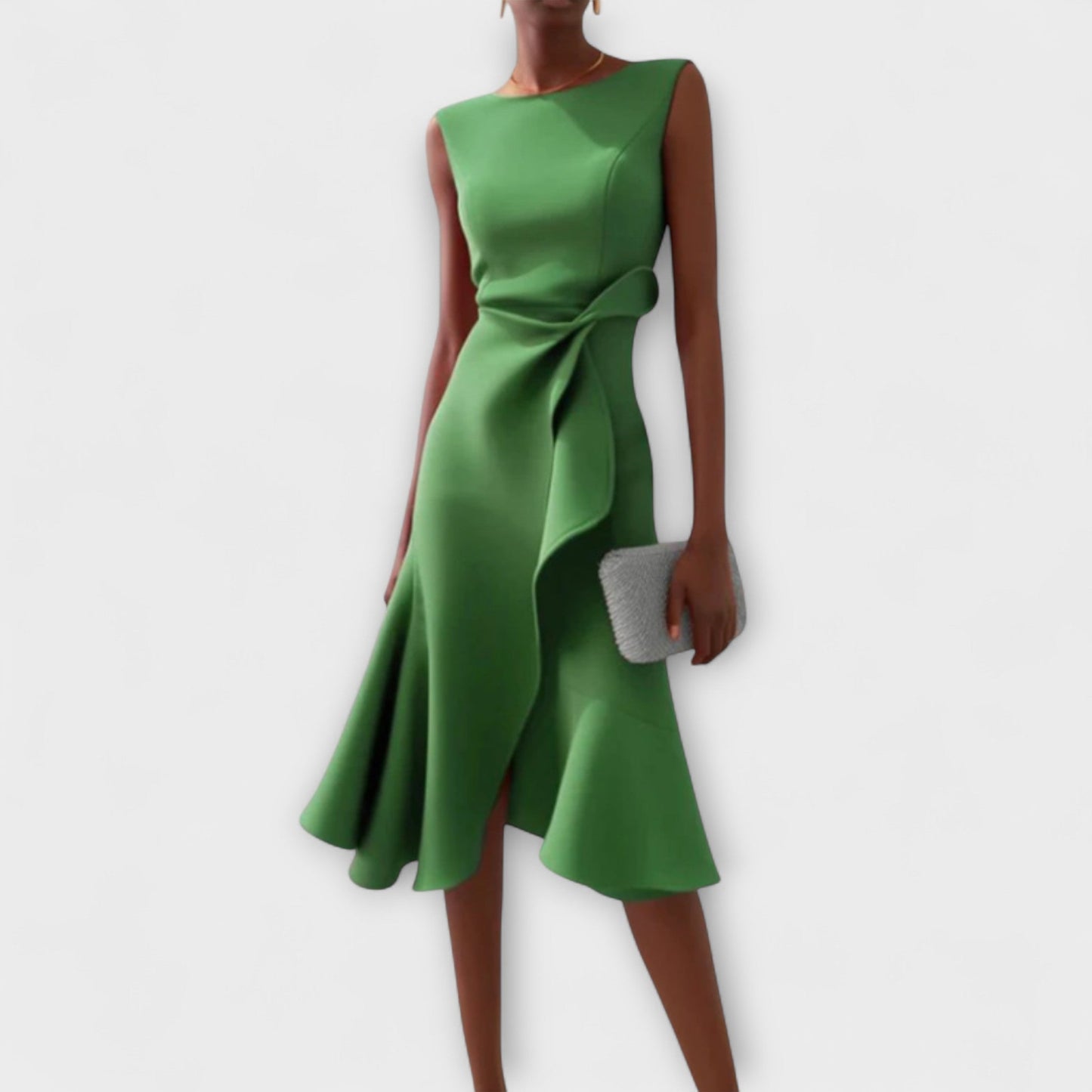 Elegant Draped Cocktail Dress for Women with Boat Neck Sleeveless Ruffle Hem Formal Party Style