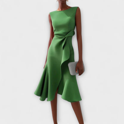 Elegant Draped Cocktail Dress for Women with Boat Neck Sleeveless Ruffle Hem Formal Party Style