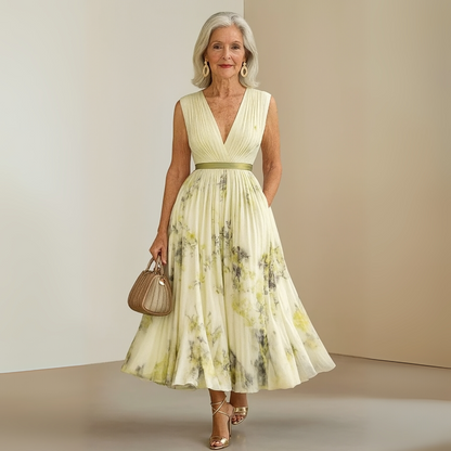 Effortless Watercolor Floral Midi Dress for Women with V Neck Sleeveless Pleated Belted Flowing Style