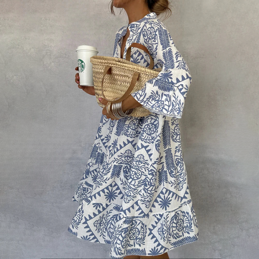 Effortless Blue Floral Mini Dress for Women with V Neck Bell Sleeve Tiered Ruffle Bohemian Style