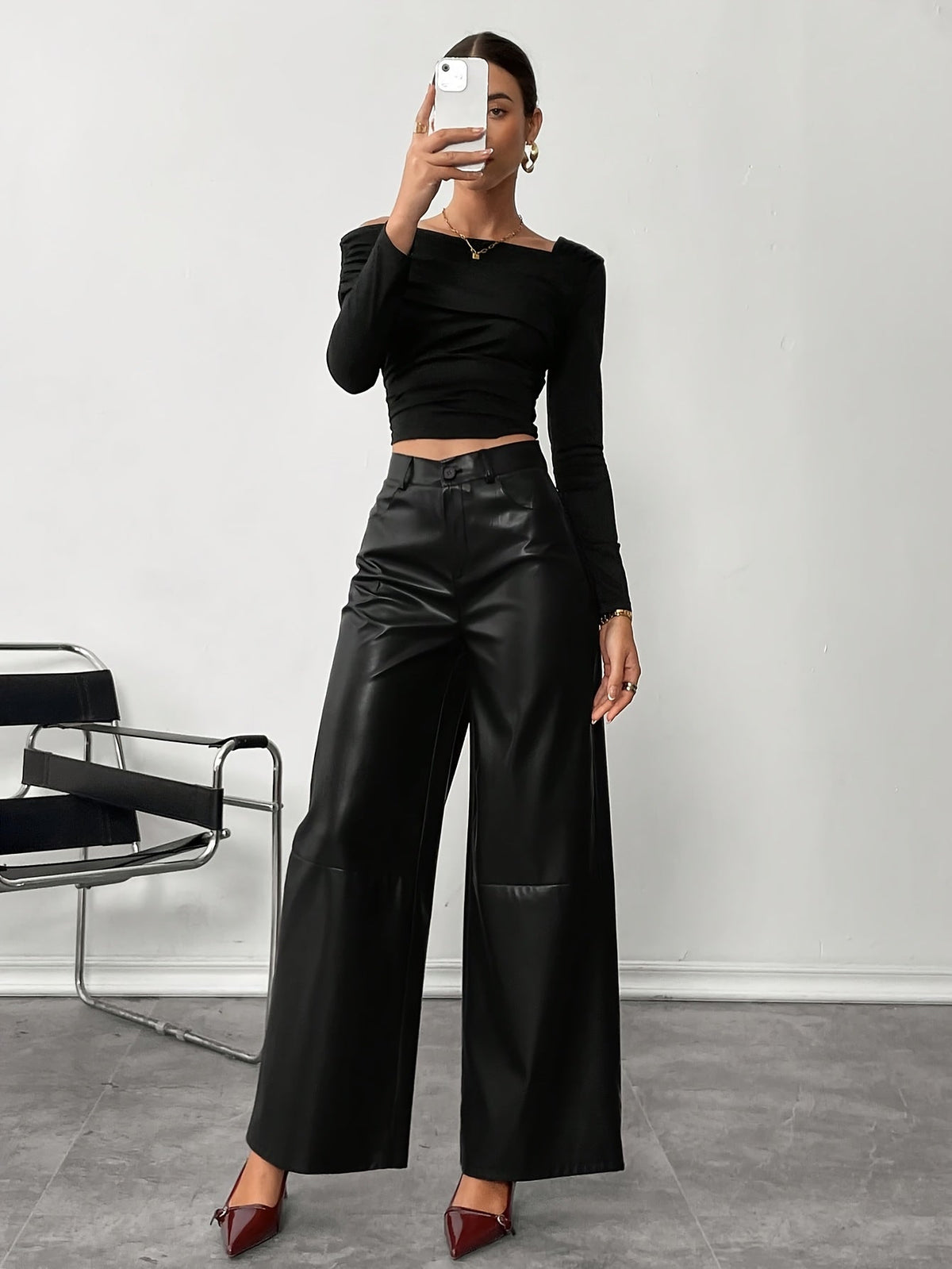 Stylish Black Faux Leather Slacks for Women with High Waist Relaxed Leg Tailored Trouser Style