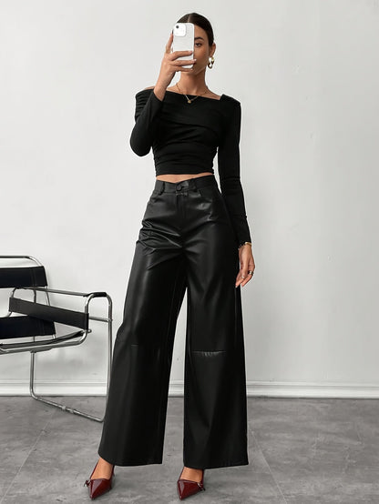 Stylish Black Faux Leather Slacks for Women with High Waist Relaxed Leg Tailored Trouser Style