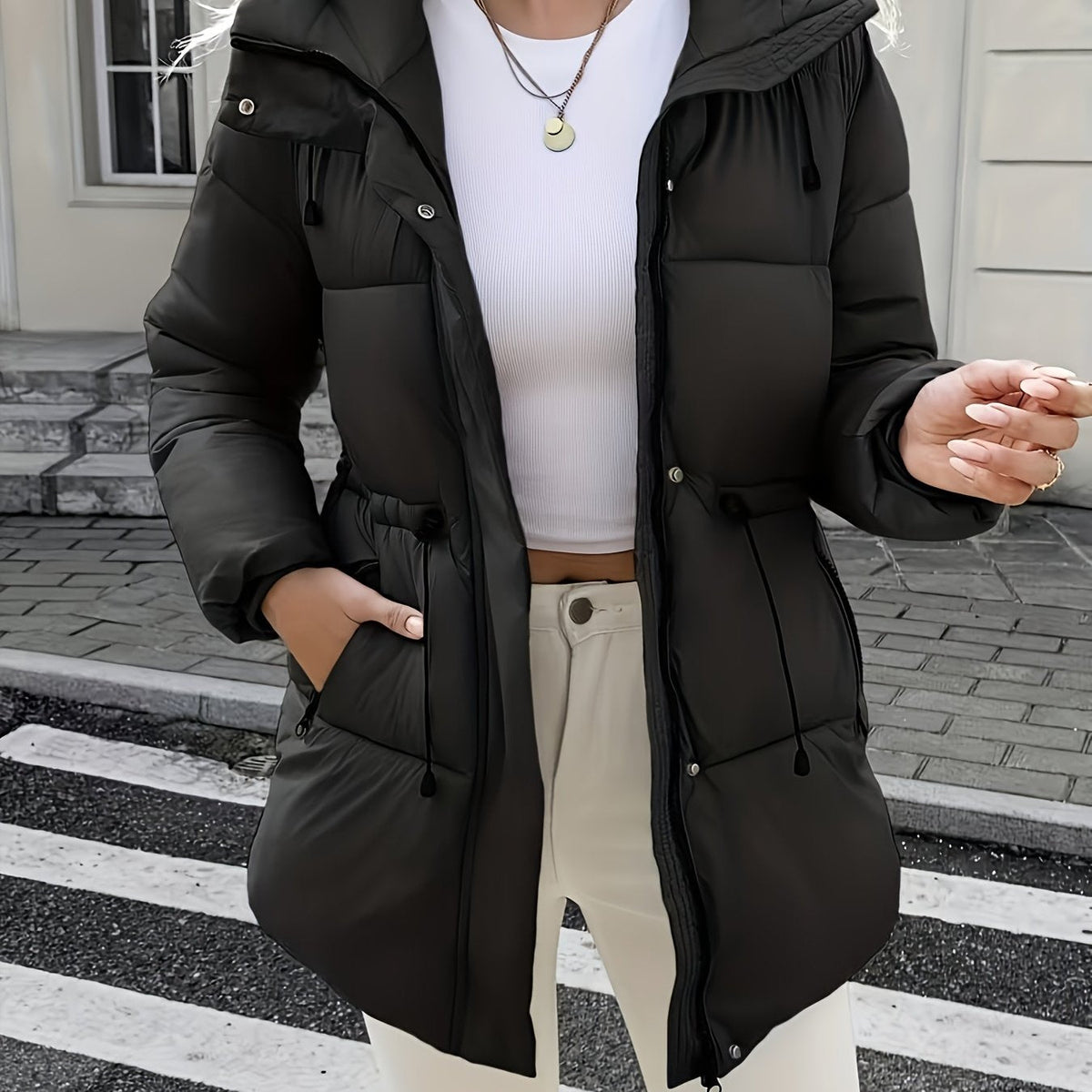 Warm Padded Ski Jacket for Women with Hooded Long Sleeve Elastic Drawstring Zip Pocket Style