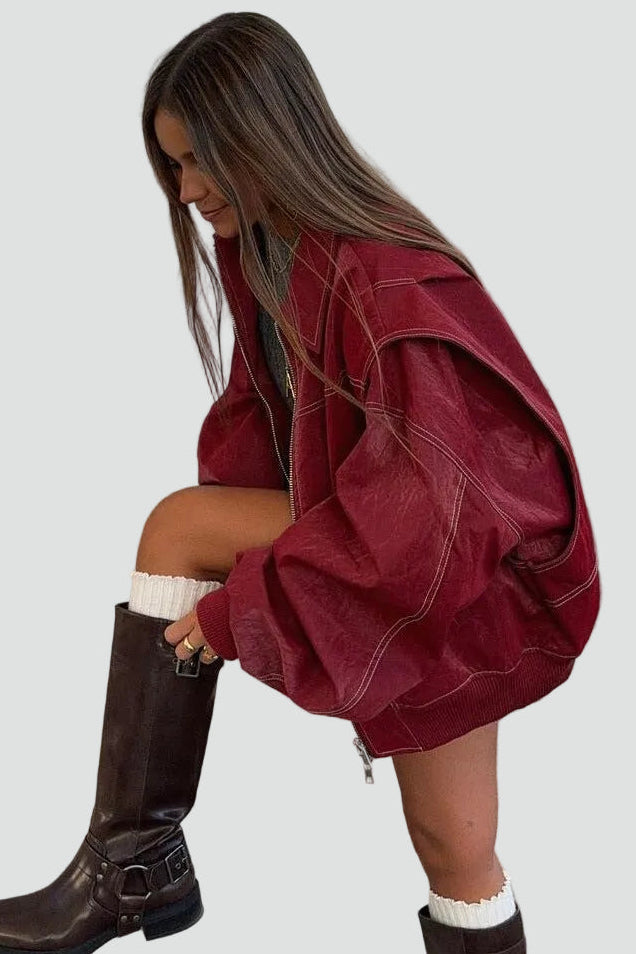Women's Oversized Zip Front Pockets Bomber Jacket