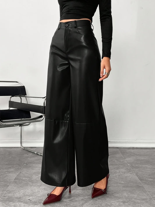 Stylish Black Faux Leather Slacks for Women with High Waist Relaxed Leg Tailored Trouser Style