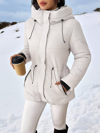Warm Padded Ski Jacket for Women with Hooded Long Sleeve Elastic Drawstring Zip Pocket Style