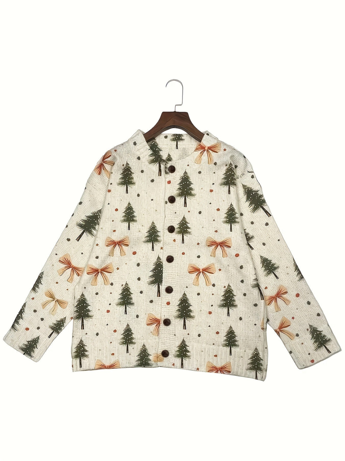 Easy Bow Print Christmas Sweater for Women with V Neck Long Sleeve Button Down Relaxed Knit Style