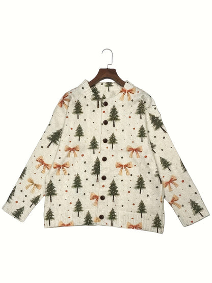 Easy Bow Print Christmas Sweater for Women with V Neck Long Sleeve Button Down Relaxed Knit Style