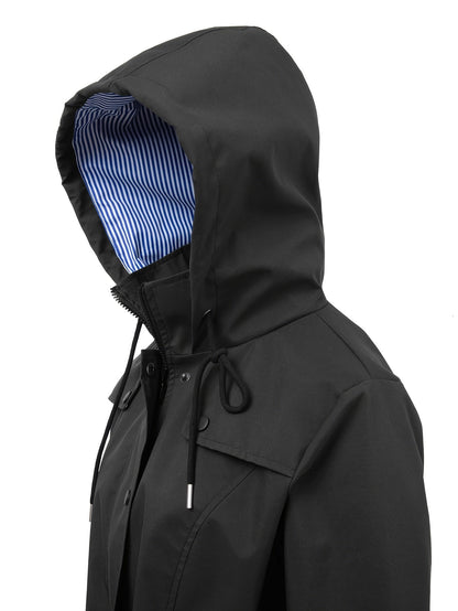 Stylish Hooded Rainwear Jacket for Women with Drawstring Waist Zip Front Long Windbreaker All Weather Style