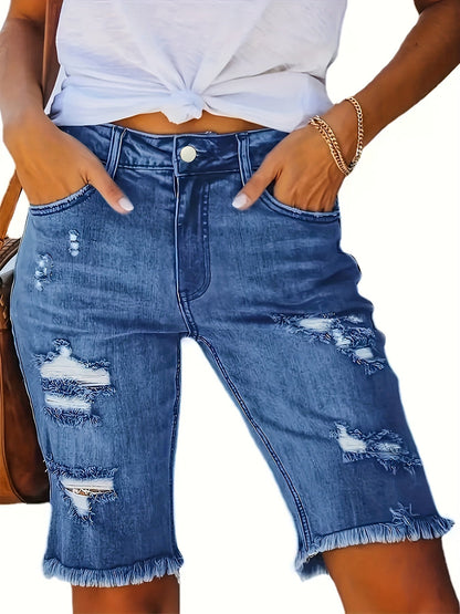 Comfortable Distressed Denim Bermuda Shorts for Women with High Waist Frayed Hem Stretch Casual Style