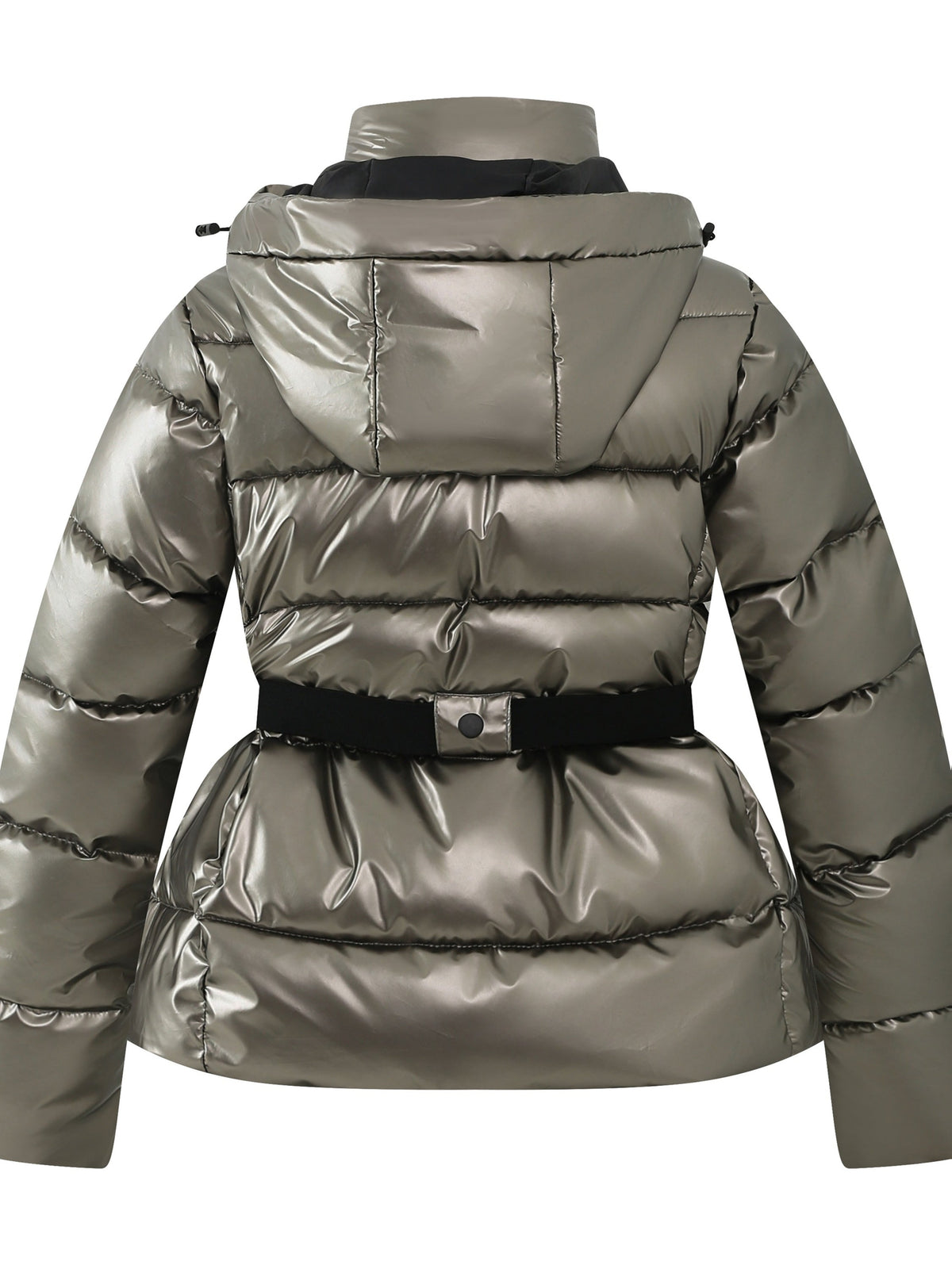 Refined Metallic Puffer Ski Jacket for Women with Hooded Collar Long Sleeve Belted Zip Pocket Daily Style