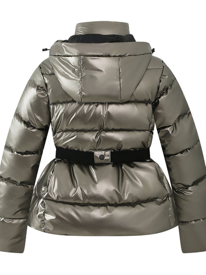 Refined Metallic Puffer Ski Jacket for Women with Hooded Collar Long Sleeve Belted Zip Pocket Daily Style