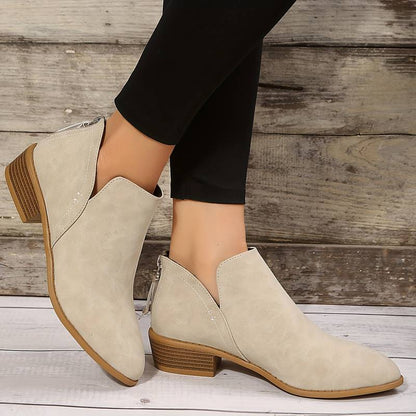 Elegant Olive Green Ankle Boots for Women with Pointed Toe Block Heel Zipper Western Style