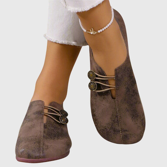 Effortless Distressed Leather Flat Loafer for Women with V Cut Vamp Elastic Strap Button Detail Casual Style