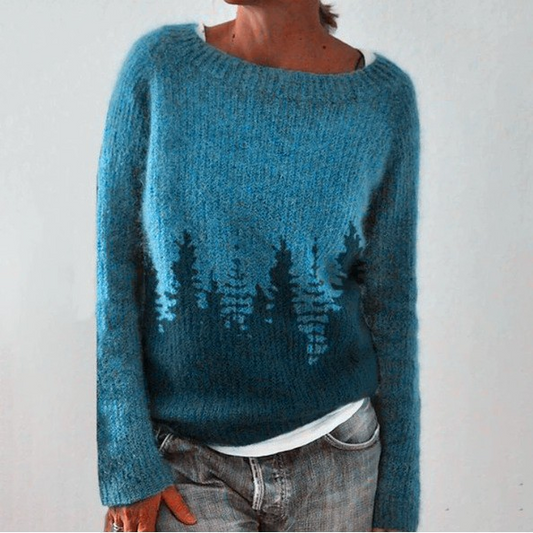 Comfortable Tree Print Sweater for Women with Boat Neck Long Sleeve Oversized Knit Style