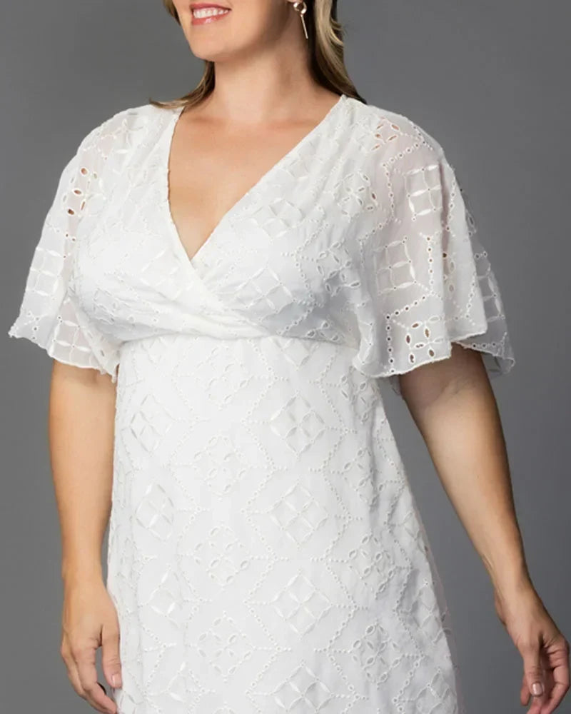 Stylish White Cocktail Dress for Women with V Neck Flutter Sleeve Eyelet Flared Midi Occasion Style