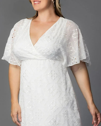 Stylish White Cocktail Dress for Women with V Neck Flutter Sleeve Eyelet Flared Midi Occasion Style