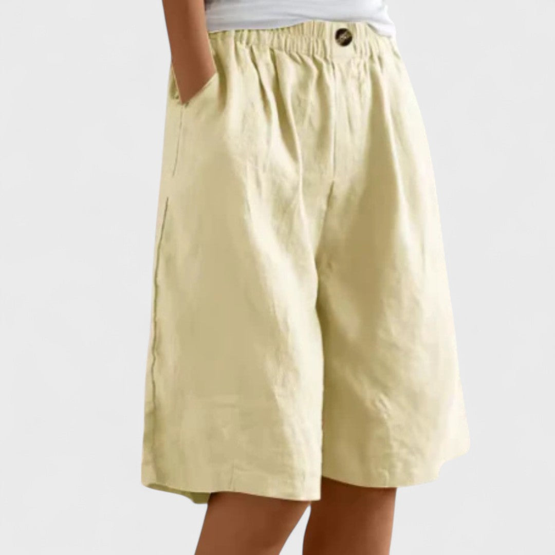 Effortless Linen Bermuda Shorts for Women with High Waist Elastic Button Wide Leg Casual Style