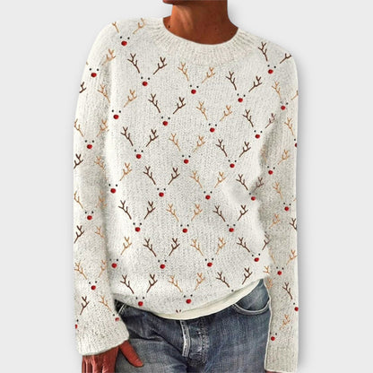 Comfortable Christmas Print Sweater for Women with Crew Neck Long Sleeve Relaxed Oversized Knit Style