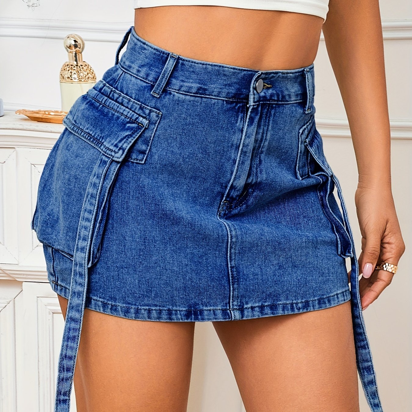 Effortless Royal Blue Denim Cargo Mini Skirt for Women with High Waist Tie Strap Pocket Detail Casual Style