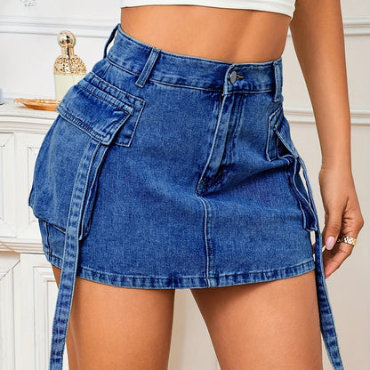 Effortless Royal Blue Denim Cargo Mini Skirt for Women with High Waist Tie Strap Pocket Detail Casual Style