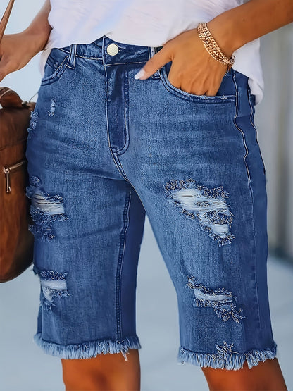 Comfortable Distressed Denim Bermuda Shorts for Women with High Waist Frayed Hem Stretch Casual Style