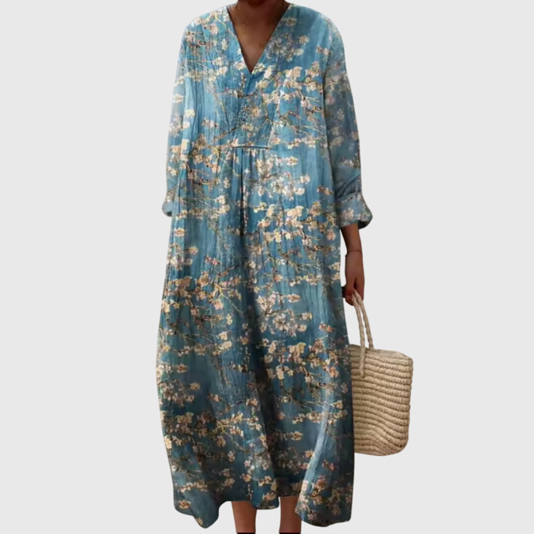 Effortless Patchwork Print Linen Maxi Dress for Women with V Neck Long Sleeve Relaxed Flowing Bohemian Style
