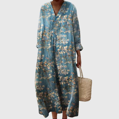 Effortless Patchwork Print Linen Maxi Dress for Women with V Neck Long Sleeve Relaxed Flowing Bohemian Style