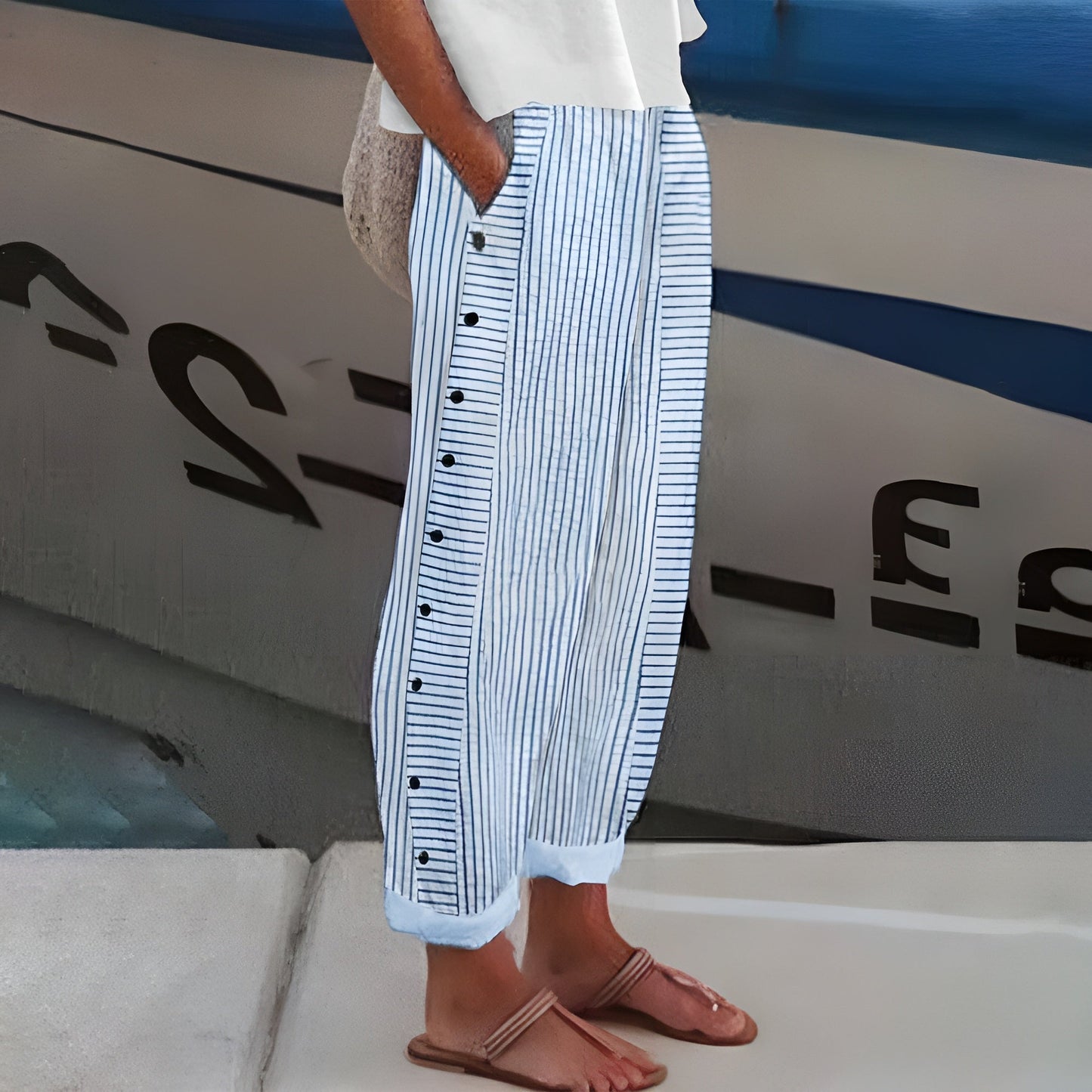 Effortless Striped Linen Pants for Women with Button Front Cuffed Wide Leg Relaxed Casual Style