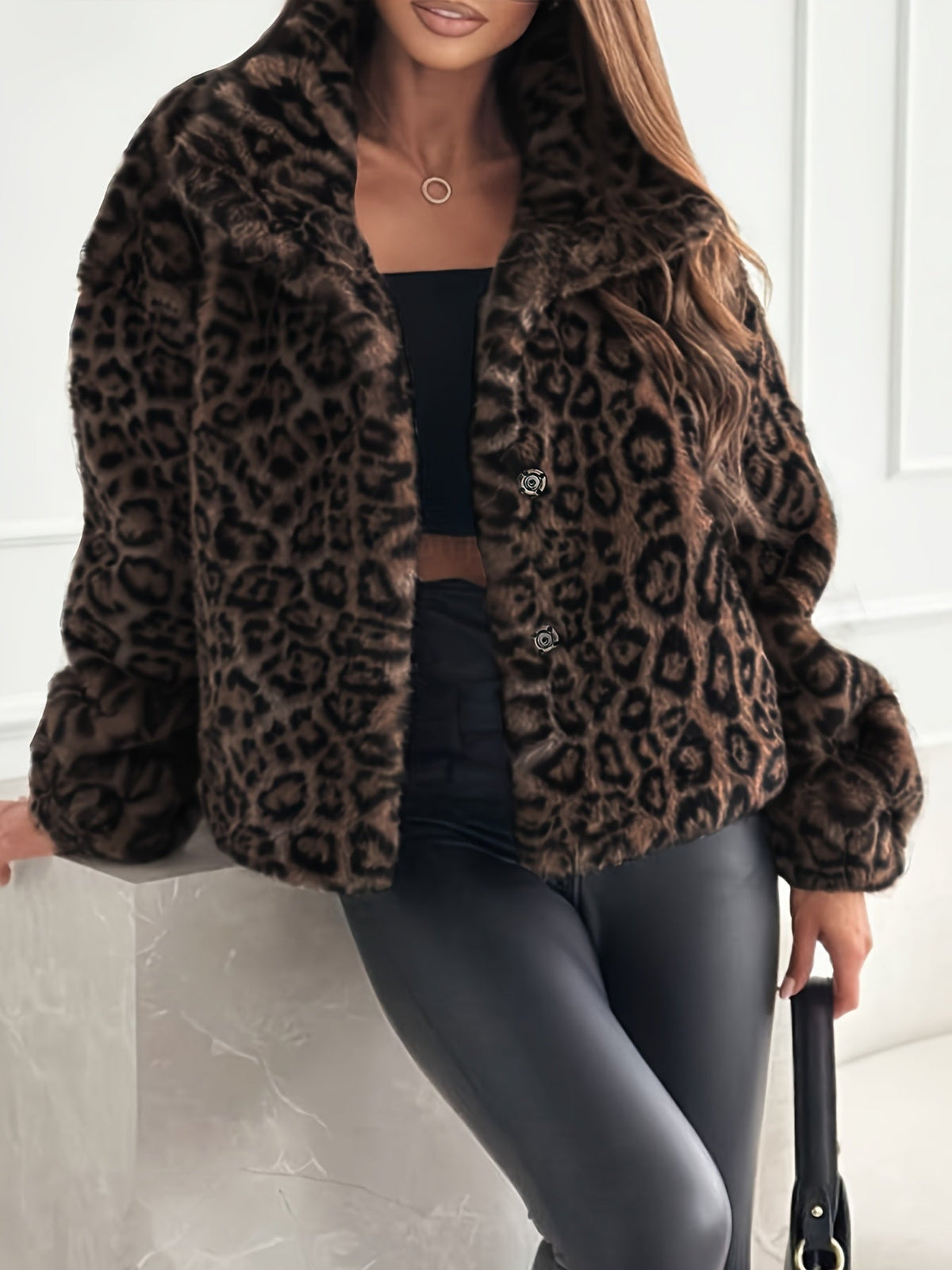 Warm Leopard Print Flurry Coat for Women with Faux Fur Collar Long Sleeve Soft Warm Cold Weather Style