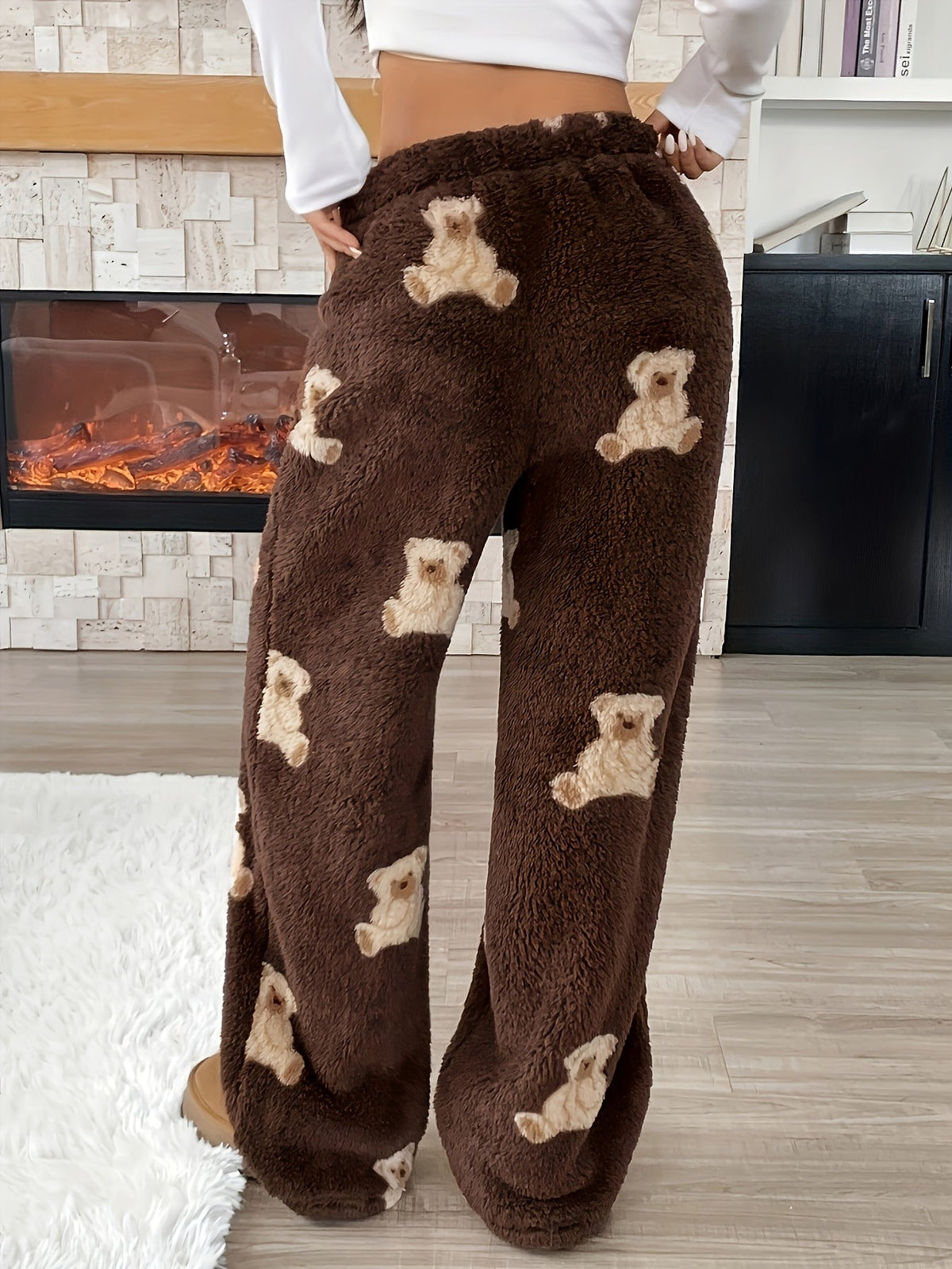 Warm Brown Teddy Bear Sweatpants for Women with Elastic Drawstring Wide Leg Plush Fleece Loungewear Style