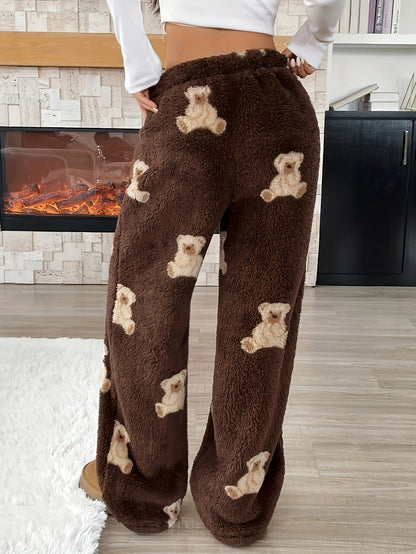Warm Brown Teddy Bear Sweatpants for Women with Elastic Drawstring Wide Leg Plush Fleece Loungewear Style