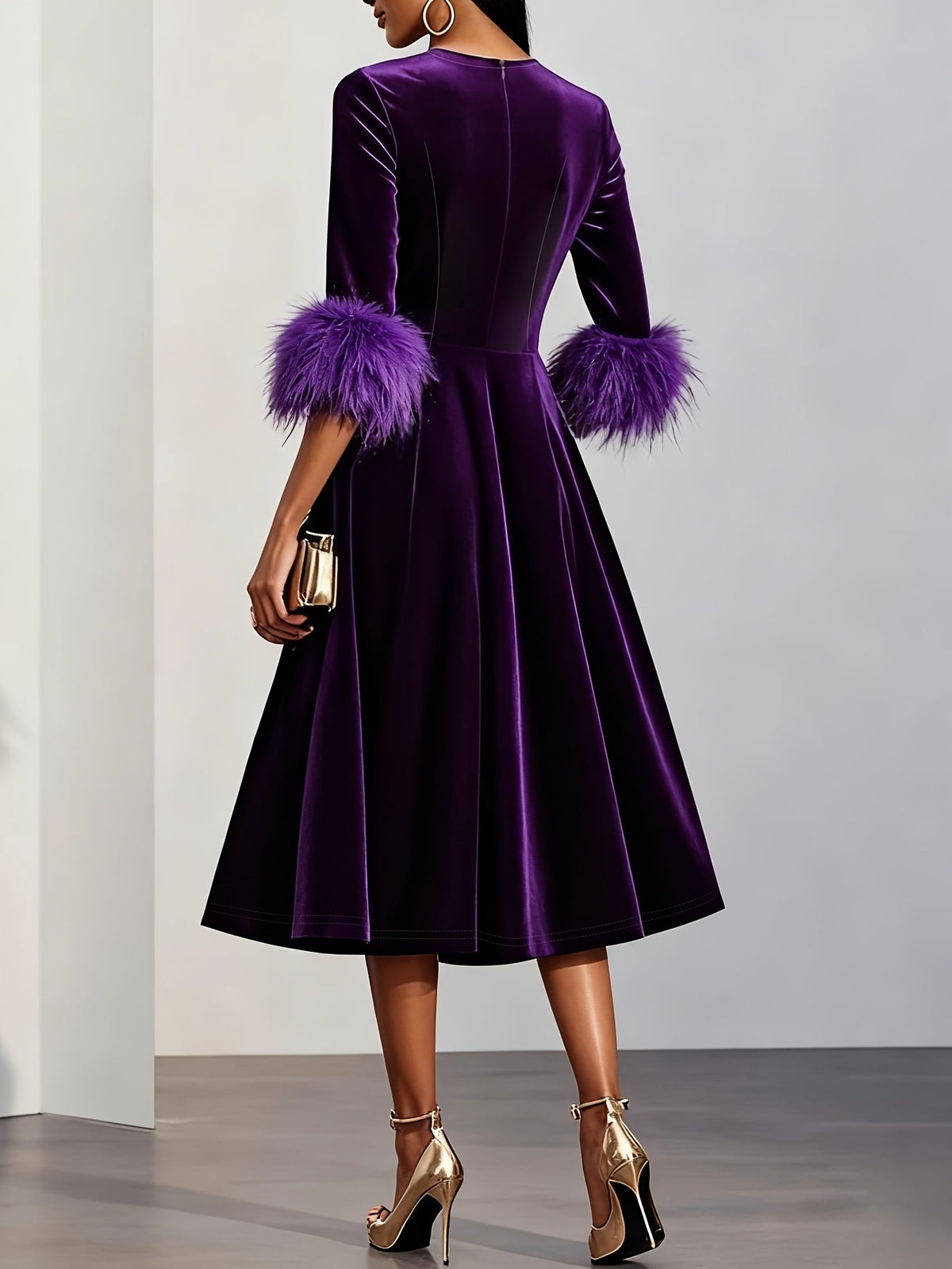 Effortless Velvet Semi Formal Dress for Women with Round Neck Feather Trim Sleeve Flared Midi Occasion Style