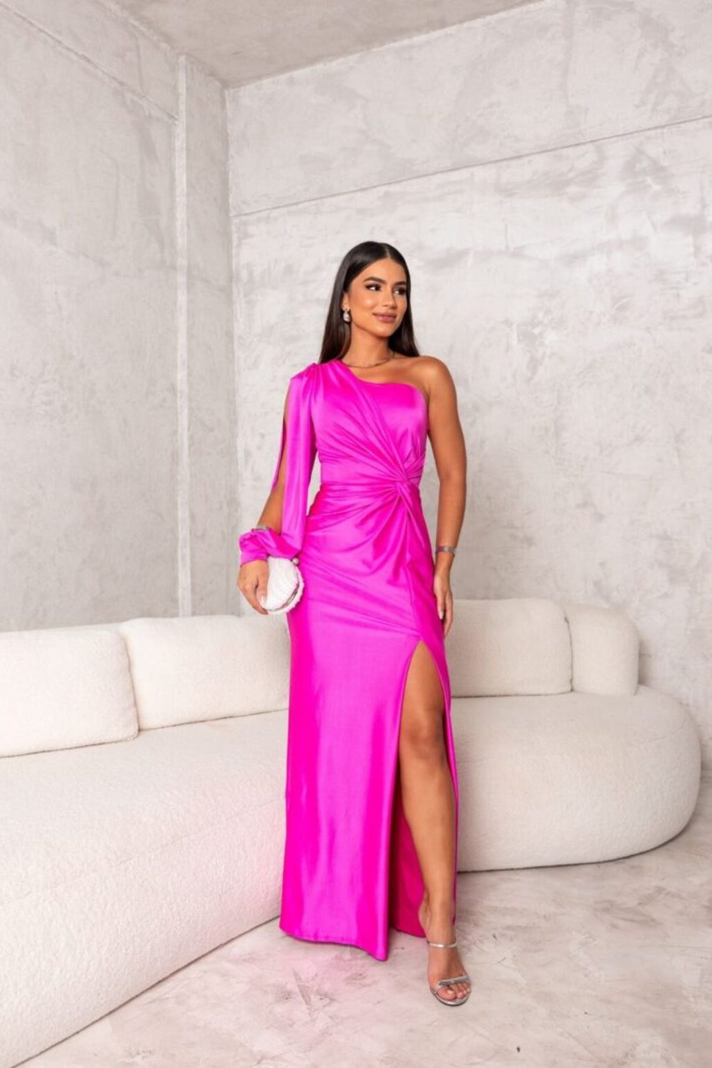 Elegant Satin Maxi Dress for Women with One Shoulder Long Sleeve Twist Knot High Slit Formal Style