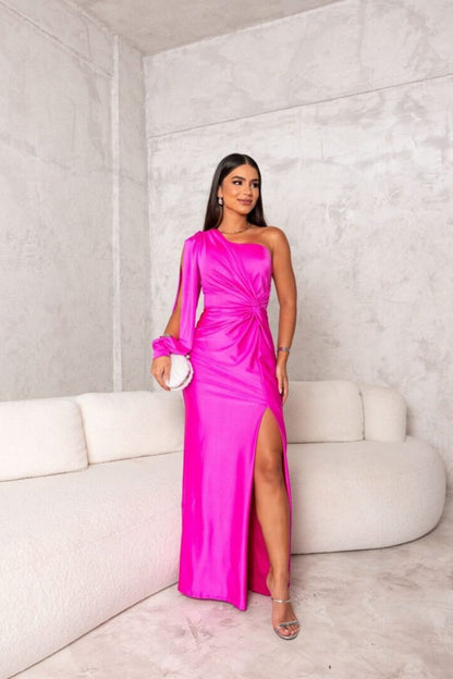 Elegant Satin Maxi Dress for Women with One Shoulder Long Sleeve Twist Knot High Slit Formal Style