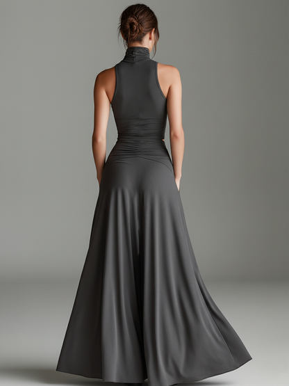 Elegant Charcoal Gray Two Piece Set for Women with Mock Neck Sleeveless Cutout Waist Flowing Style