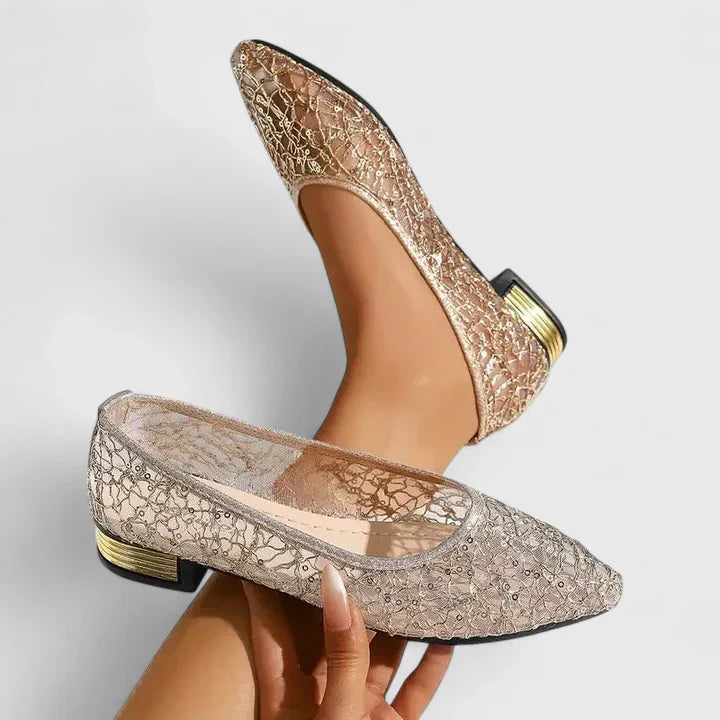Elegant Lace Mesh Ballet Flat for Women with Pointed Toe Sequin Embellished Block Heel Style