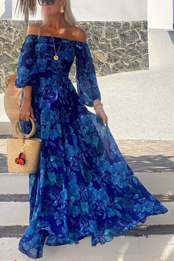 Effortless Blue Floral Maxi Dress for Women with Off Shoulder Bell Sleeve Flowing Bohemian Style
