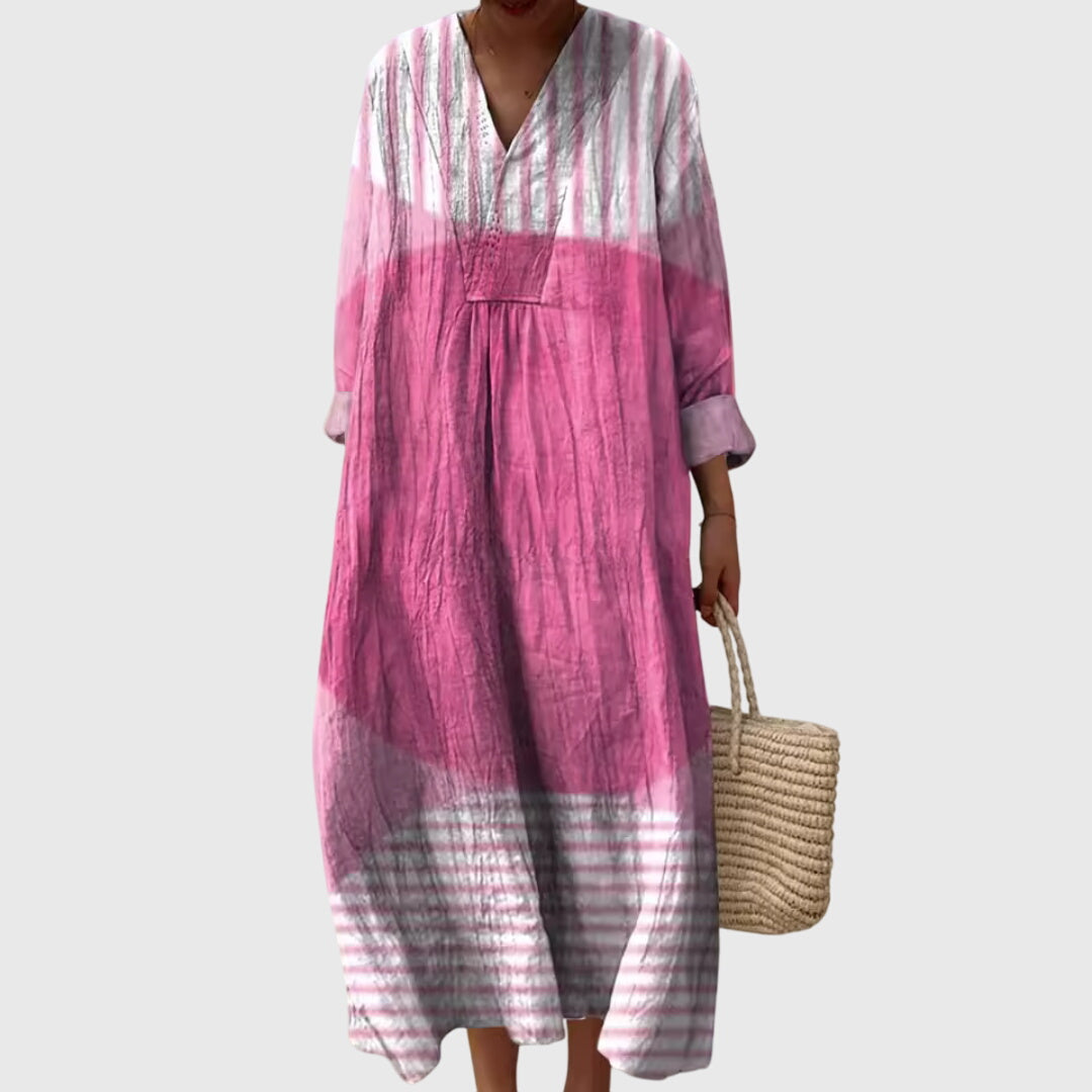 Effortless Patchwork Print Linen Maxi Dress for Women with V Neck Long Sleeve Relaxed Flowing Bohemian Style