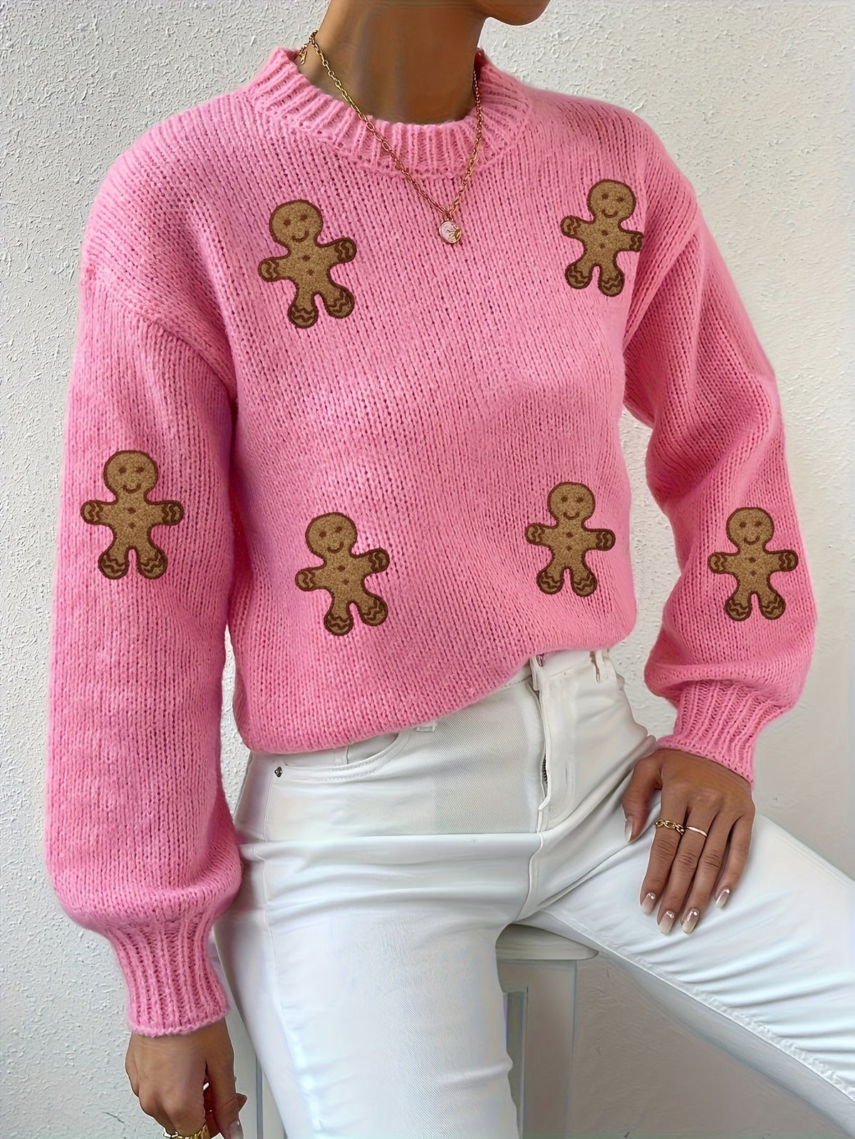 Warm Pink Gingerbread Christmas Tacky Sweater for Women with Round Neck Long Sleeve Knit Pullover Festive Style