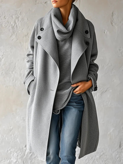 Sleek Grey Wool Coat for Women with Shawl Collar Draped Open Front Easy Mid Length Style