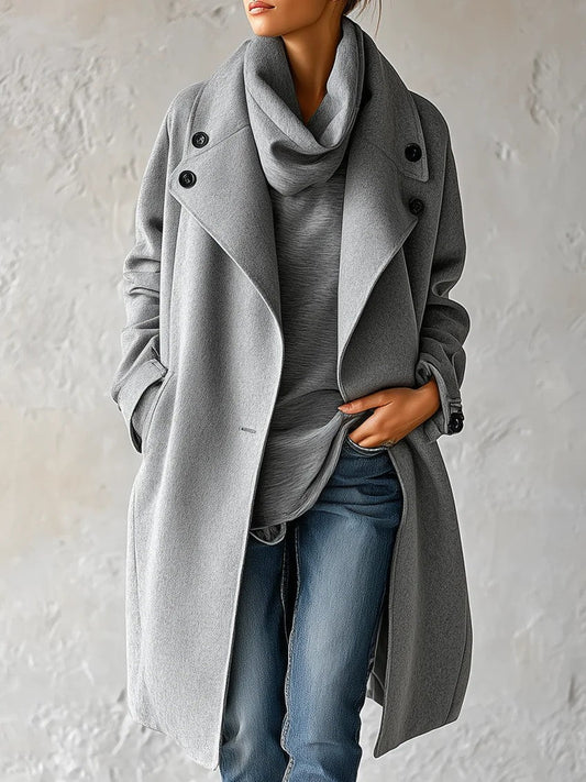 Sleek Grey Wool Coat for Women with Shawl Collar Draped Open Front Easy Mid Length Style
