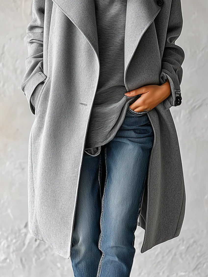 Sleek Grey Wool Coat for Women with Shawl Collar Draped Open Front Easy Mid Length Style